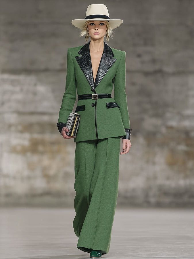 Chic Ensemble Vintage : Blazer Vert et Pantalon Coordonné