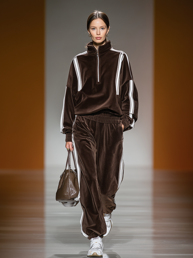 Ensemble Sportif Rétro : Sweat-Shirt à Col Montant Contrasté et Pantalon avec Fermeture Éclair