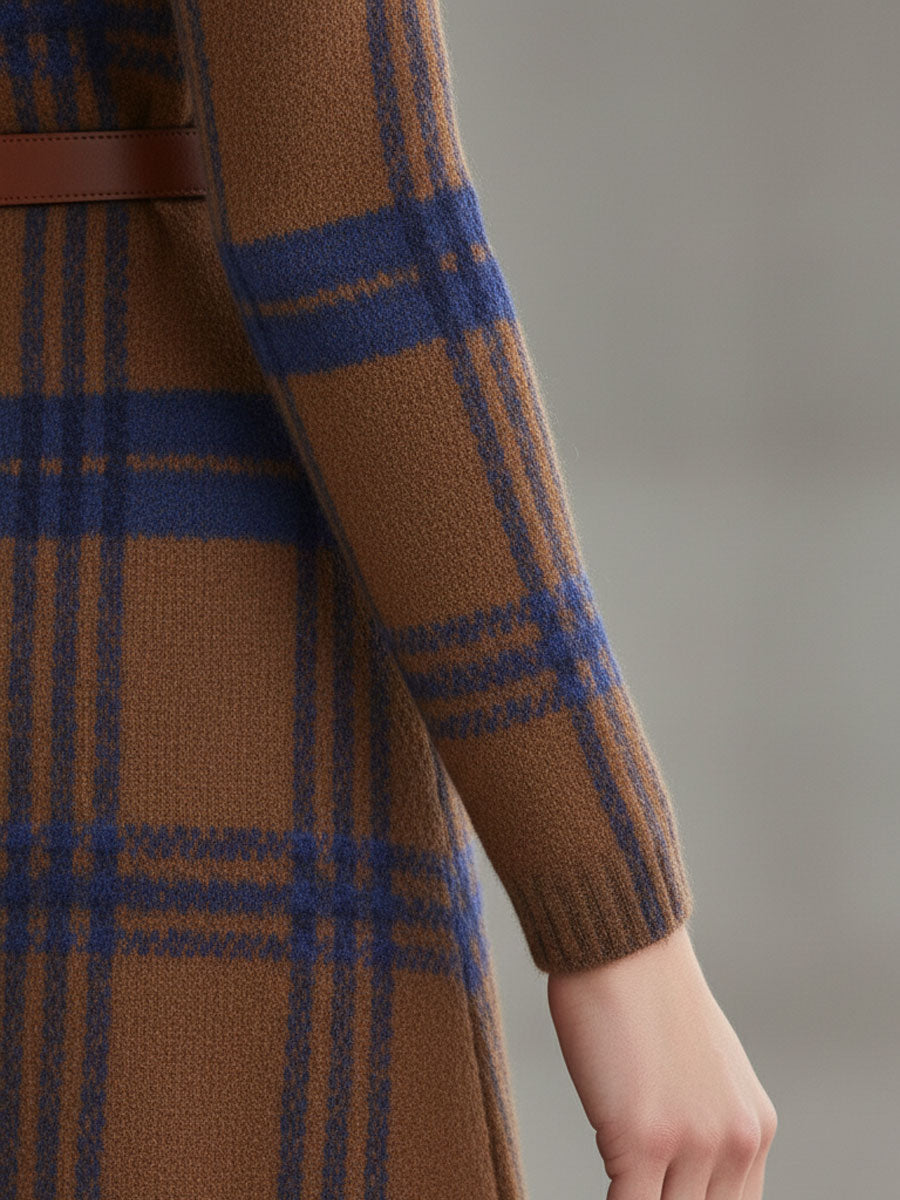 Robe Maxi Tricotée à Col Zippé - Élégance Mi-Saison en Motifs Carreaux Bleu et Marron