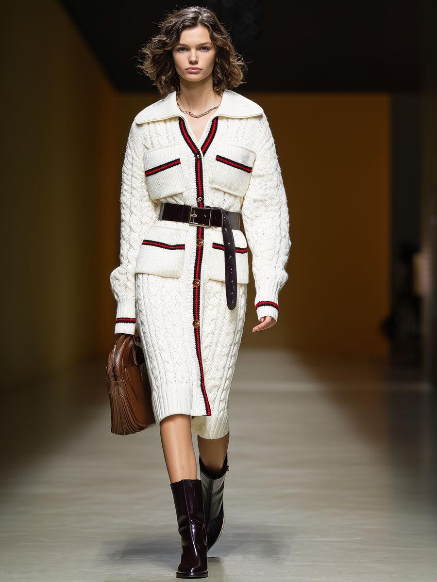 Chic Long Cardigan Tricoté avec Poches Multiples et Col Ceinturé