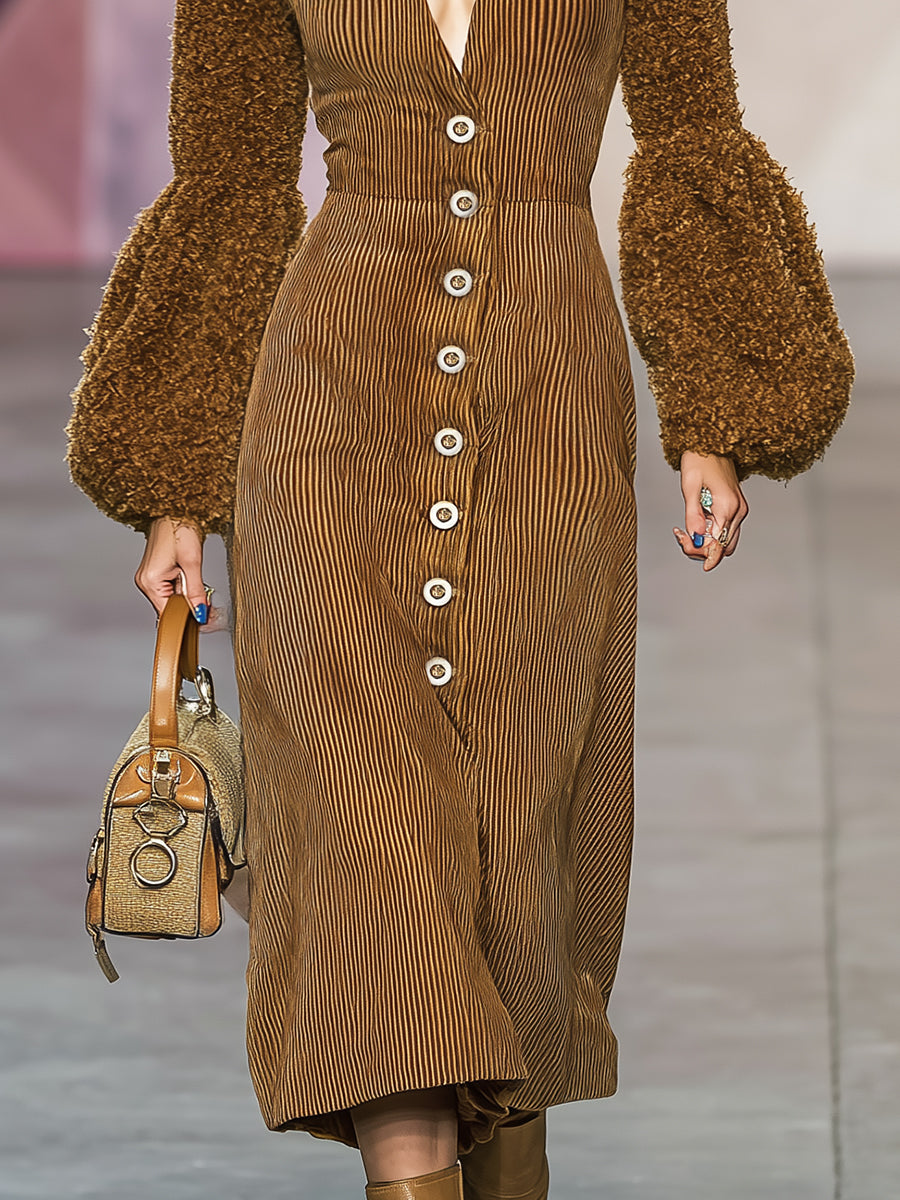 Robe Midi en Velours Côtelé Marron avec Manches en Peluche et Col V Style Western Vintage