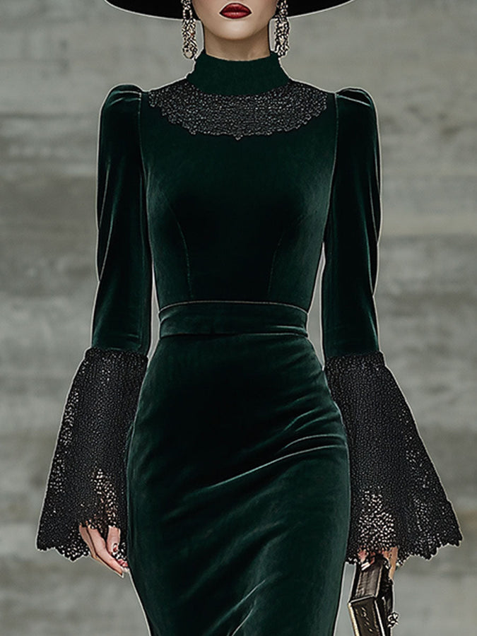 Robe Midi Vintage en Velours Vert avec Détails en Dentelle