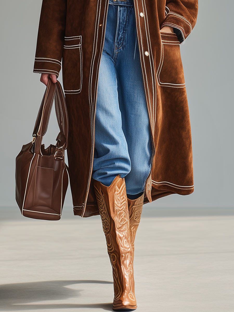 Veste en faux suède à poches multiples avec revers western rétro