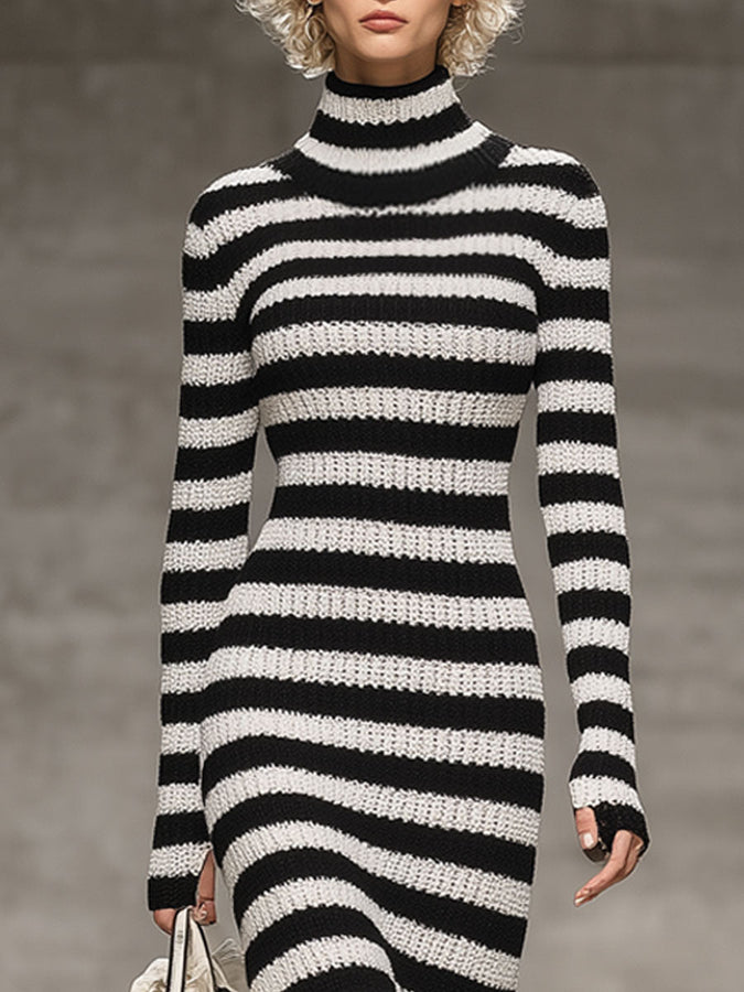 Robe Midi Fishtail Rayée Noir et Blanc avec Col Montant - Élégance Rétro