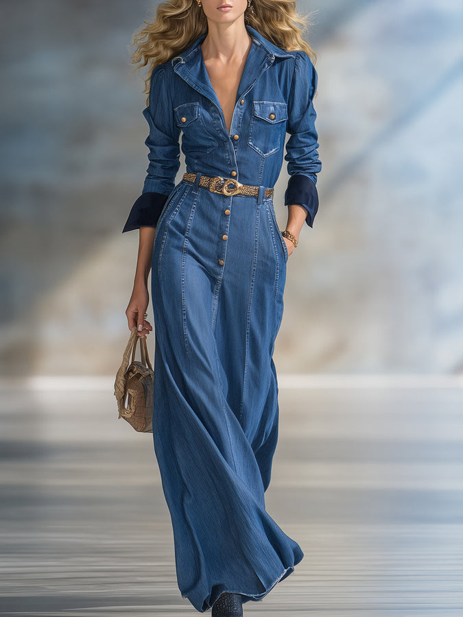 Élégante Robe Maxi en Jean Bleu au Style Rétro