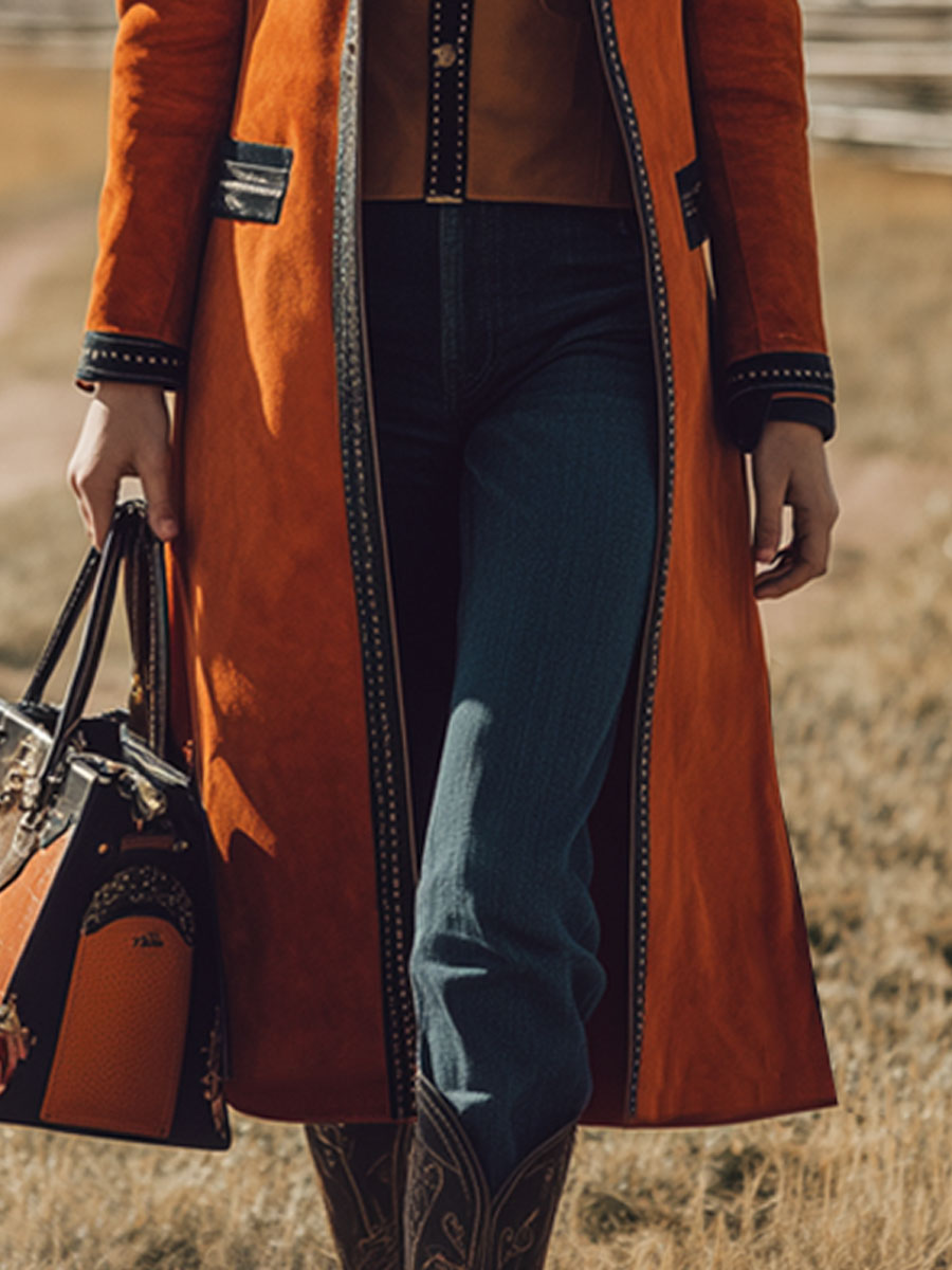 Veste en faux suède orange au style rétro nomade avec finitions noires