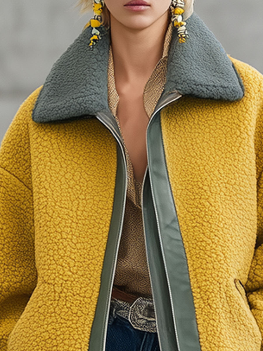 Veste Polaire Jaune avec Détails en PU - Style Nomade Urbain Rétro