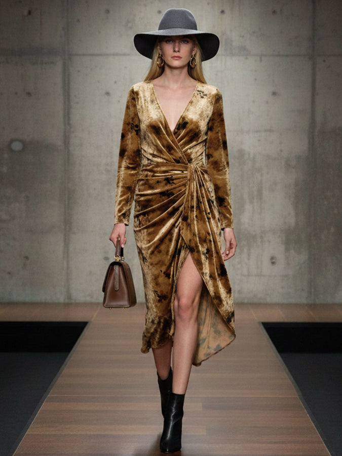 Exquisite Caramel Printed Velvet Midi Dress with Vintage Charm