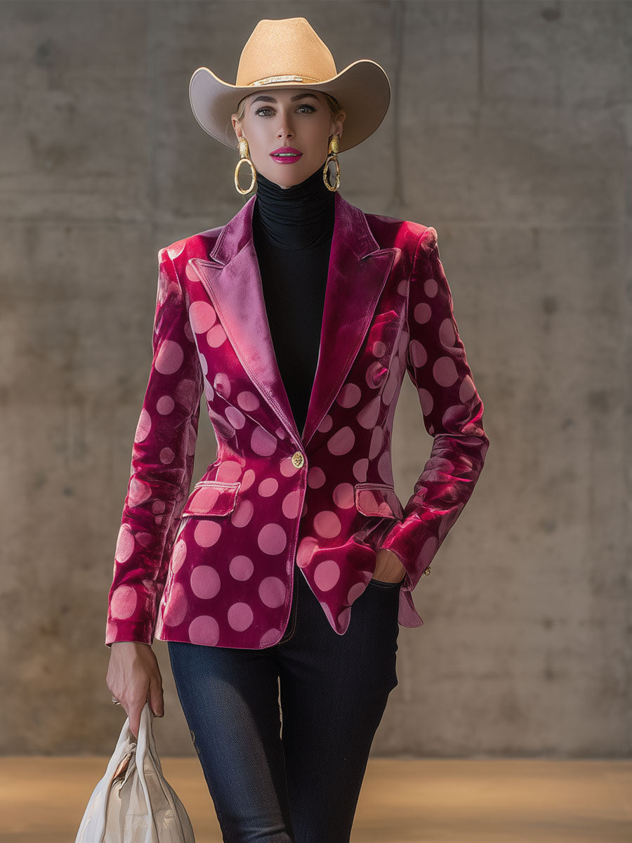 Élégant Blazer en Velours à Pois Rétro avec Bouton Unique