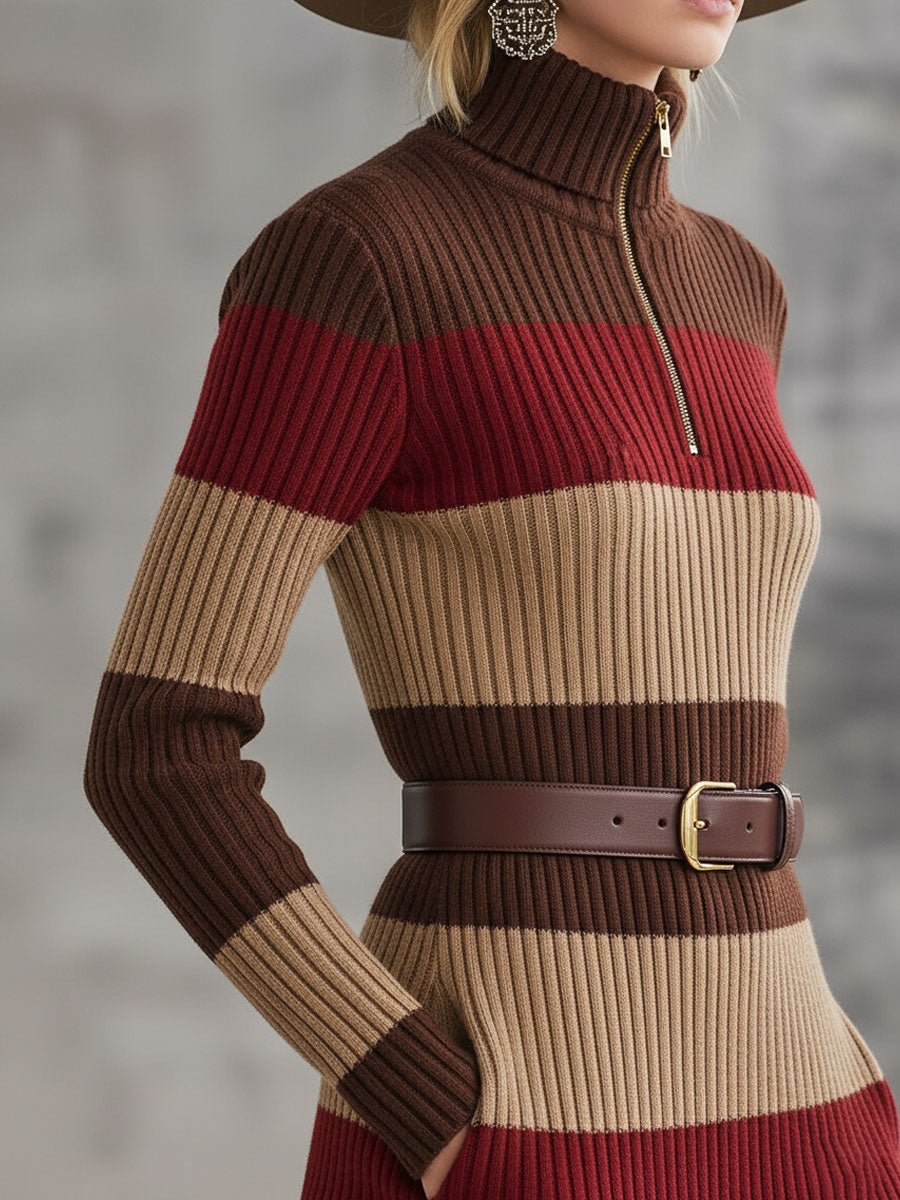 Robe Midi Tricotée à Rayures Rouge et Brun avec Demi-Zip Chic