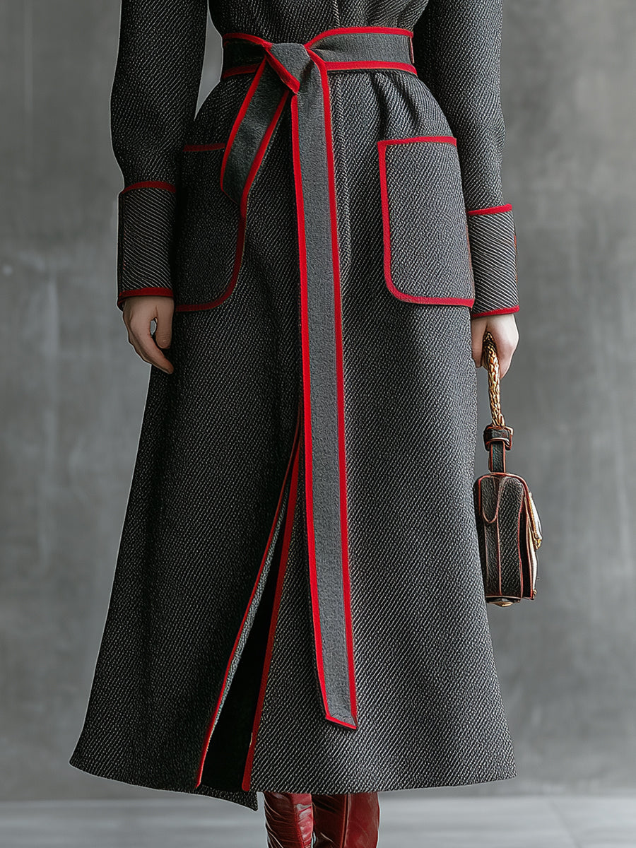 Veste en Laine Grise Sergé avec Col Montant et Détails Rouges - Élégance Haute Couture