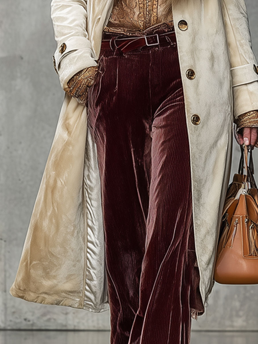 Long Velour Champagne Coat with Elegant Retro Fur Collar