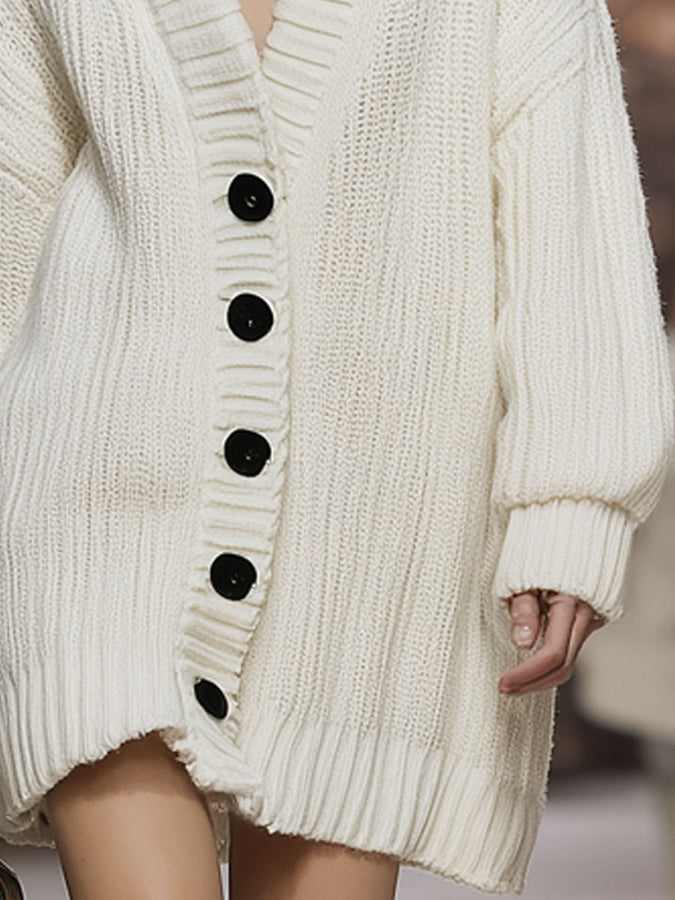 Mi-Long Cardigan Tricoté avec Col en Fausse Fourrure Luxueux