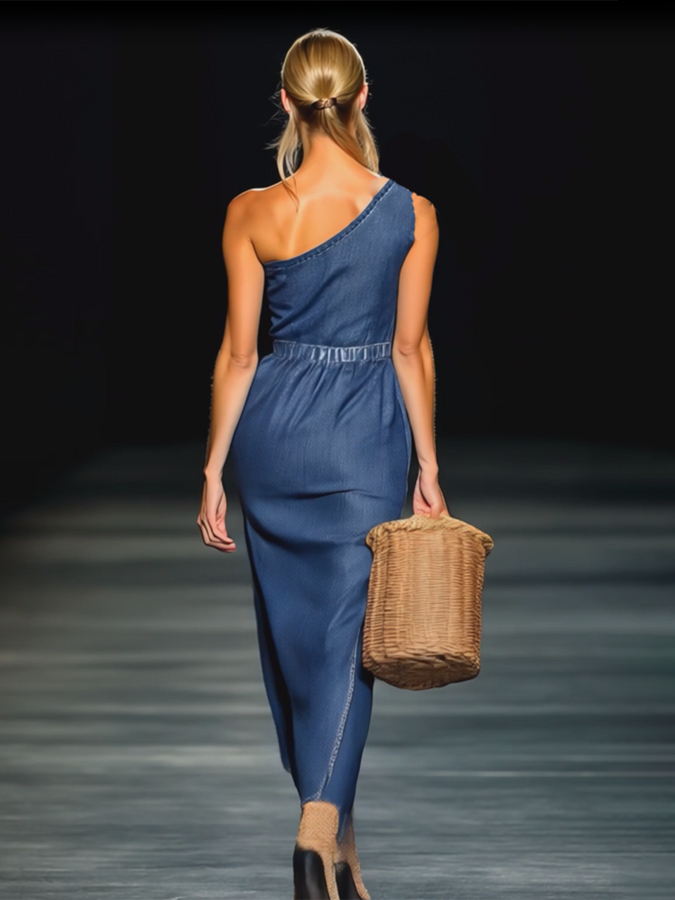 Robe Maxi en Jean 3D Florale Élégante Sans Épaules - Livraison en 24 Heures