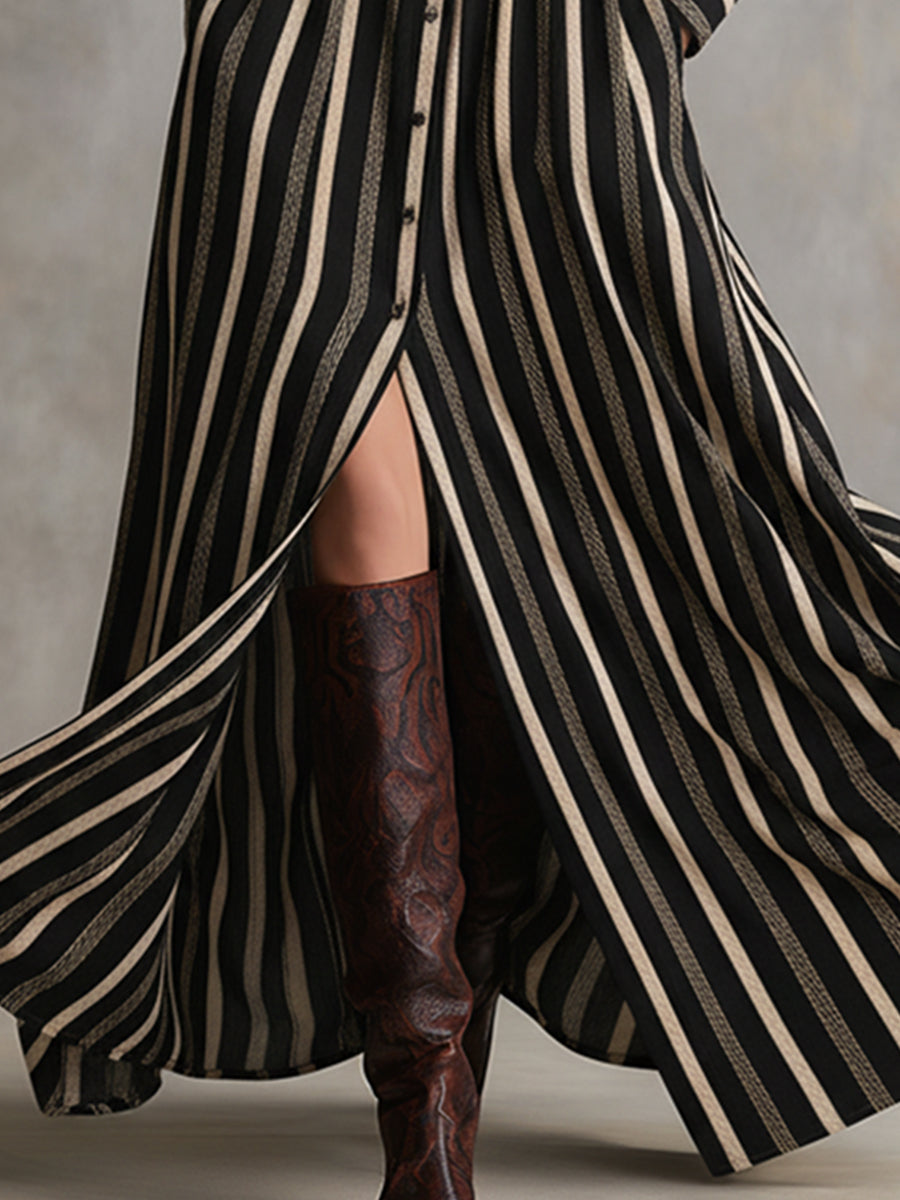 Robe Maxi Retro Ethnique à Boutons - Rayures Marron et Noires