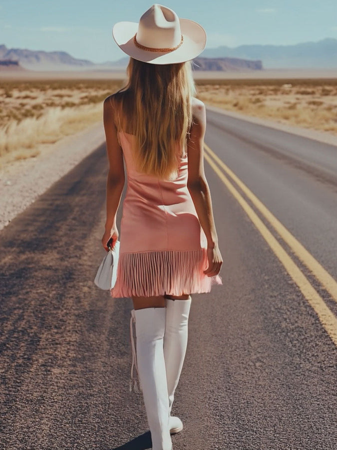 Robe Mini Vintage en Suède Rose Poudré avec Franges - Livraison en 24 Heures