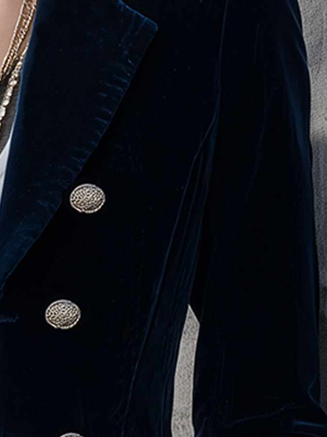 Veste Vintage en Velours Bleu Foncé à Double Boutonnage