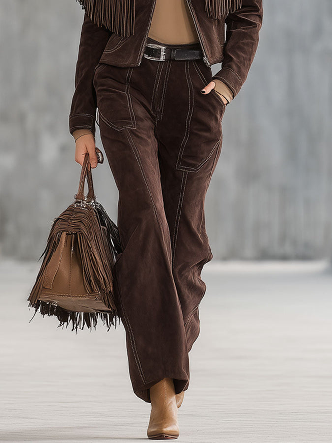 Ensemble Vintage Western en Suédine Cocoa Marron avec Veste à Franges et Pantalon Droit