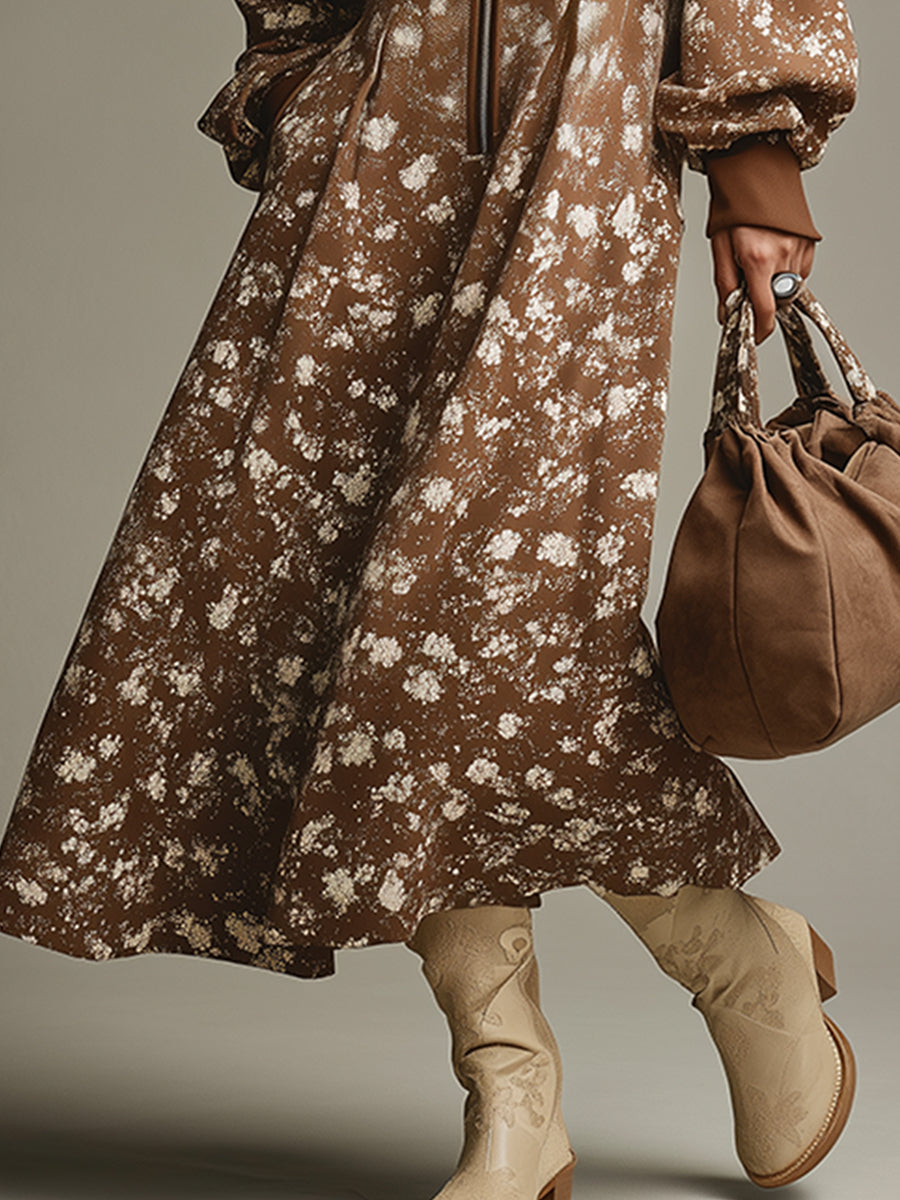 Robe Maxi Décontractée en Brun Imprimé avec Zip Demi-Ouvert - Style Rétro