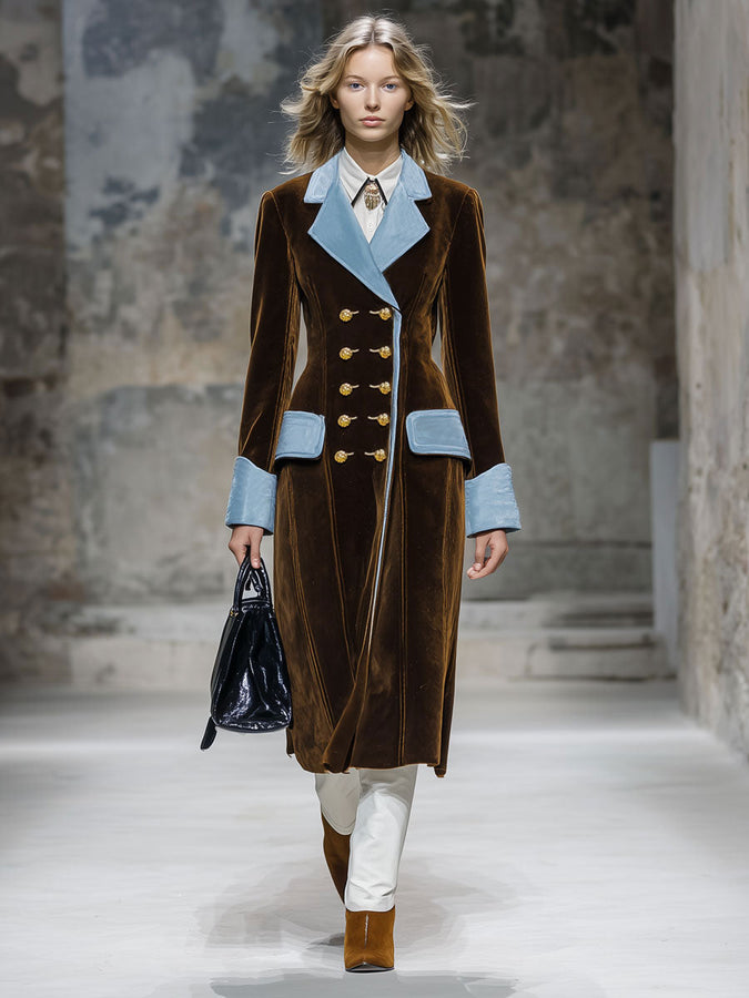 Veste en Velours Chocolat Brun avec Détails Rétro Bleus