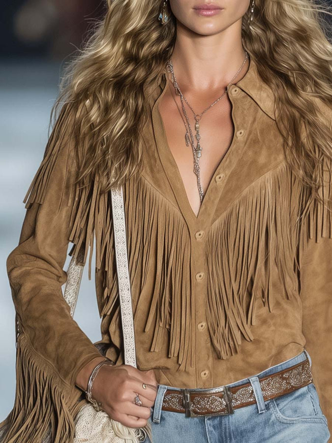 Chemise Vintage Décontractée en Suède Légère Marron Clair à Boutons Avant et Franges, Manches Longues