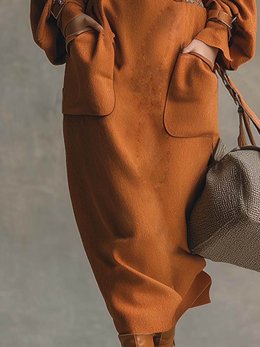 Robe Maxi Évasée en Laine Orange avec Col Rond et Poches Pratiques