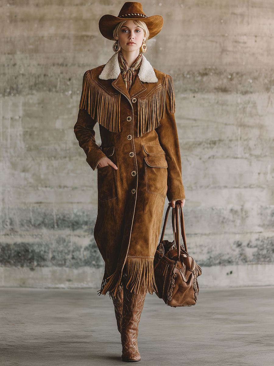 Veste en Suède Synthétique avec Col Sherpa et Franges Western