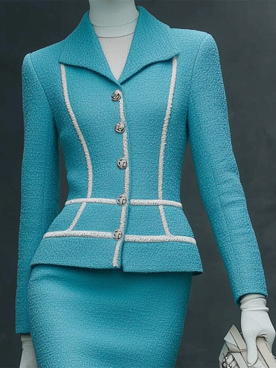 Ensemble Élégant : Veste et Jupe en Tweed Bleu avec Détails en Sangle Blanche