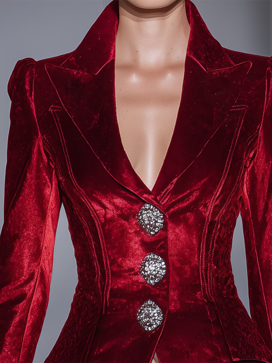 Blazer Vintage en Velours Rouge Éclatant avec Détails en Diamant