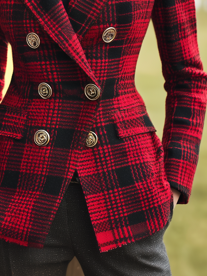 Élégant Blazer Rétro à Carreaux avec Double Boutonnage Inspiré du Style Western