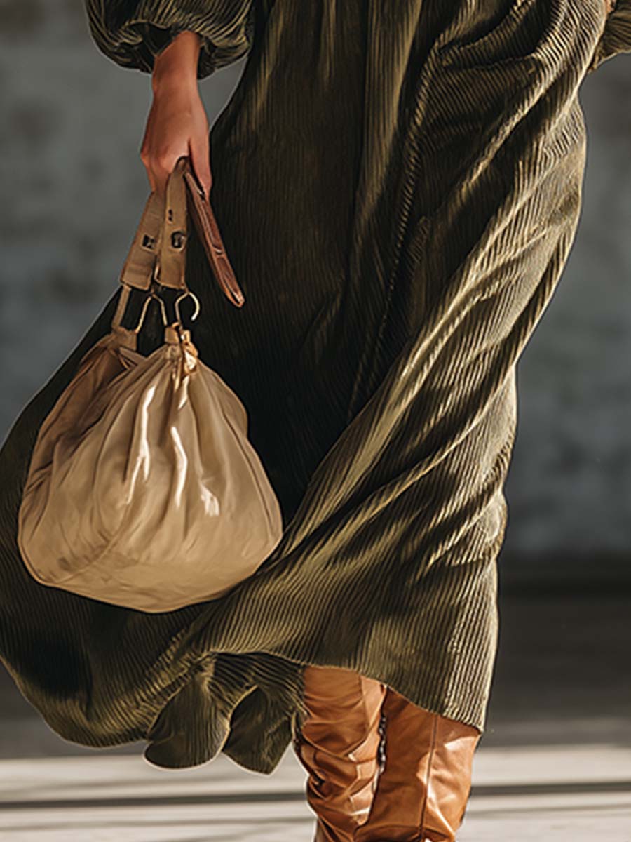 Robe Maxi Décontractée en Velours Texturé Vert Armée au Style Rétro