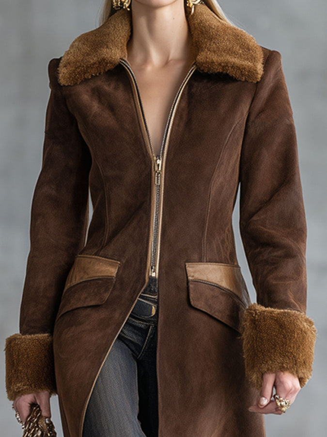 Veste Zippée en Suède avec Col en Fourrure Synthétique