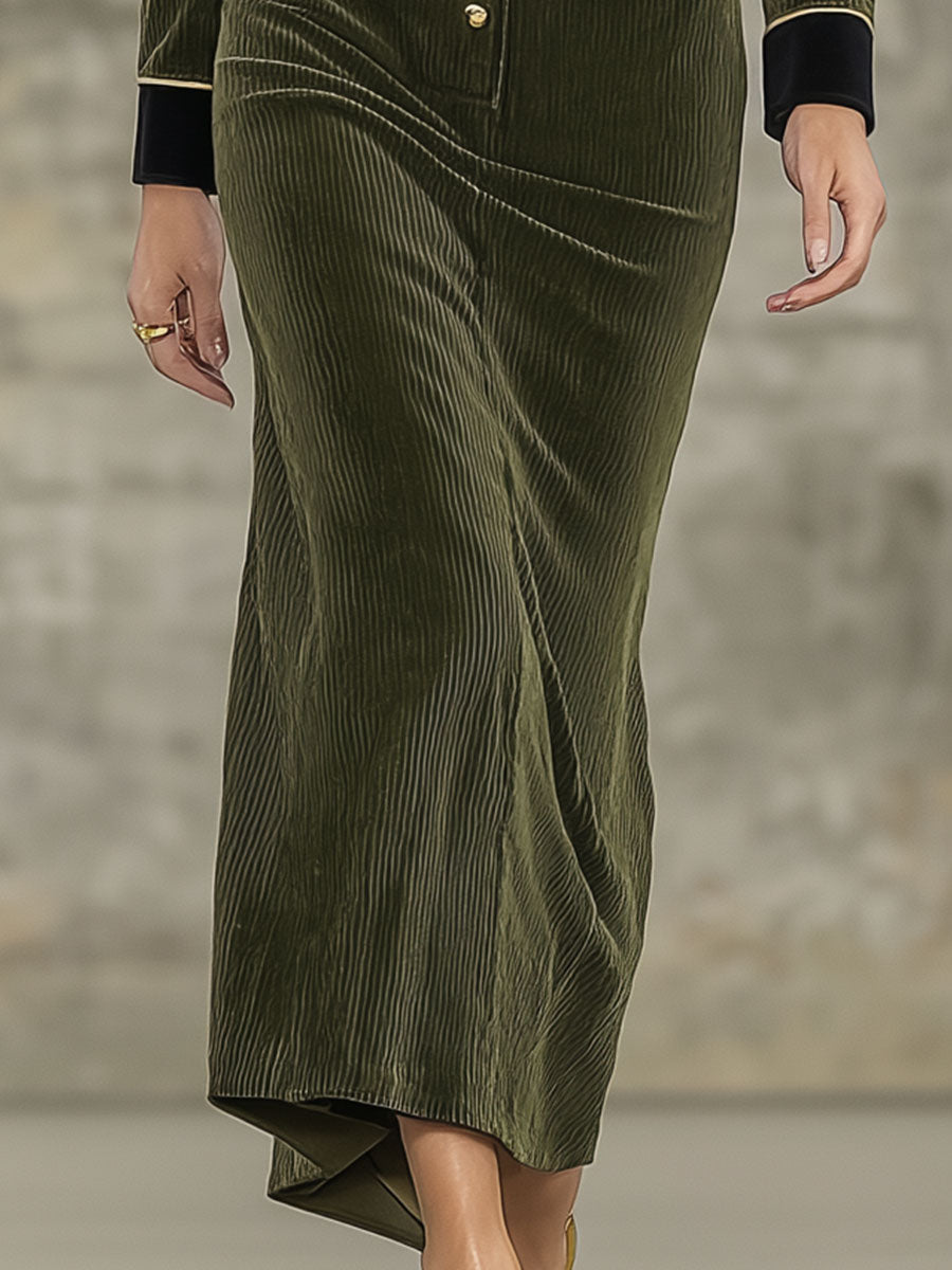 Robe Midi en Velours Côtelé Vert Vintage