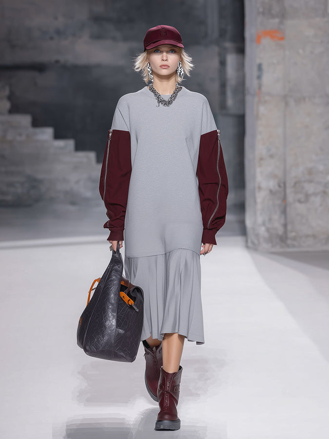 Robe Midi Sportive à Ourlet Plissé et Teintes Contrastées