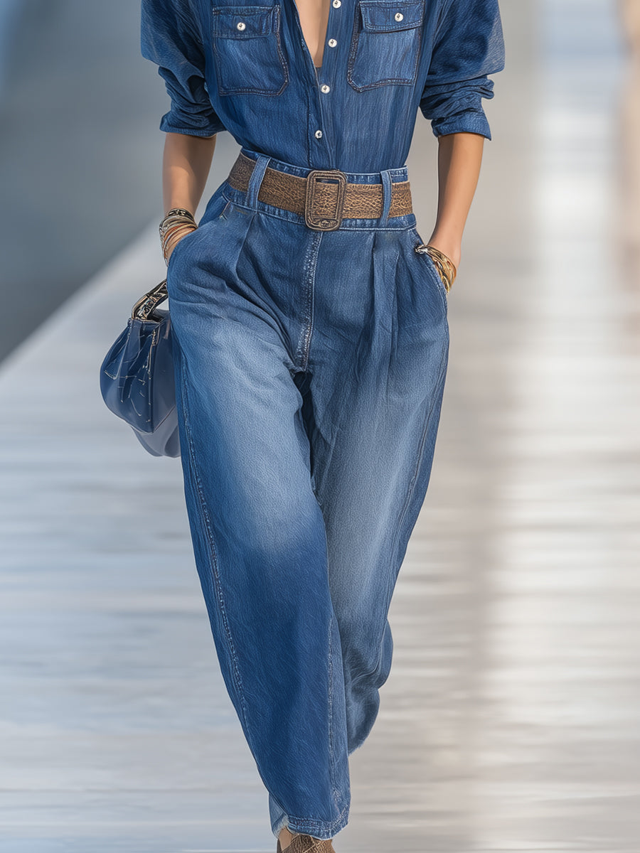 Ensemble Décontracté en Denim Bleu avec Pantalons Amples