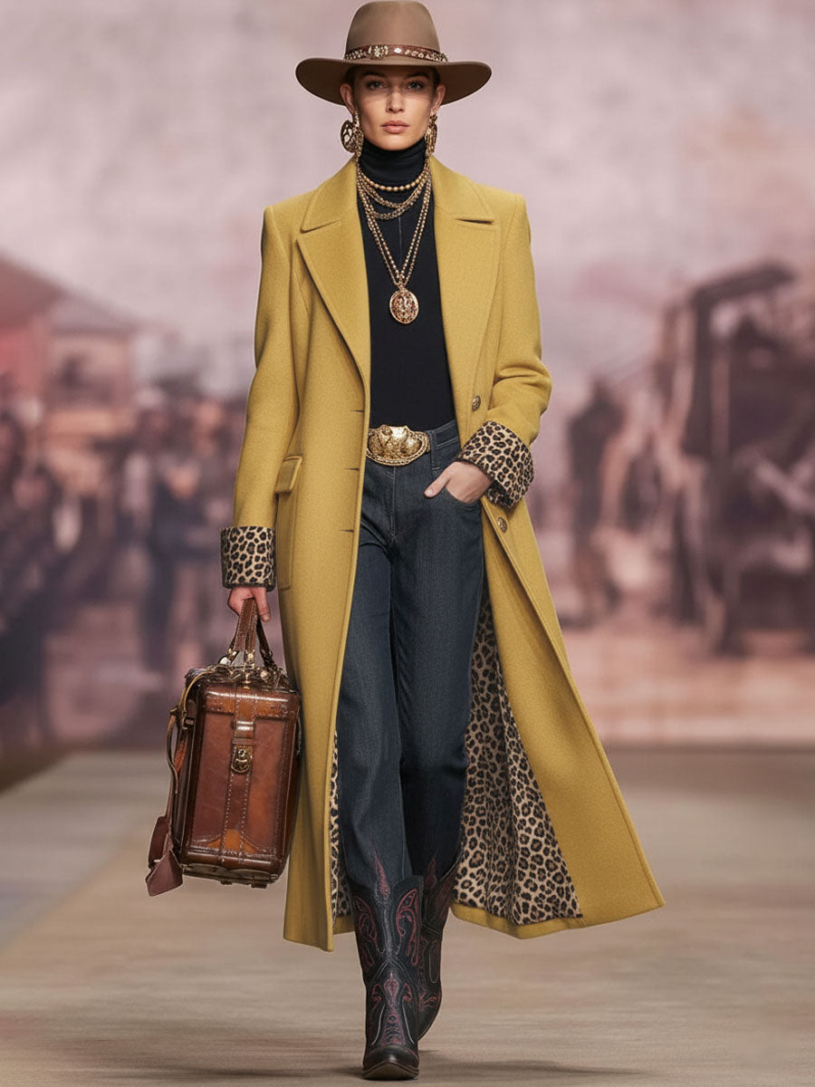 Veste en Laine Imprimée Léopard avec Revers, Boutonnage Élégant et Poches Pratiques