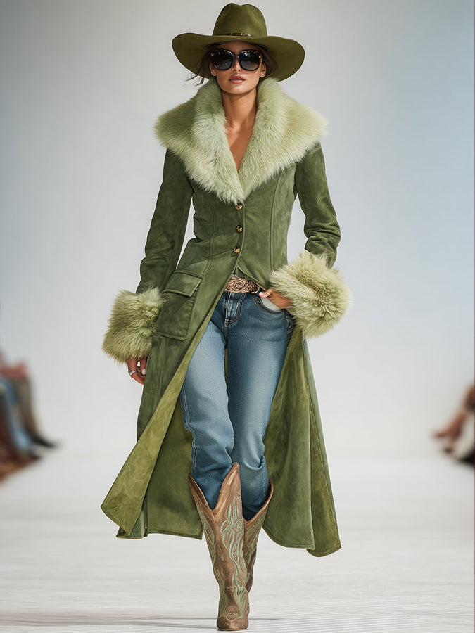 Veste en Suède Synthétique Vert avec Col en Fausse Fourrure au Style Vintage
