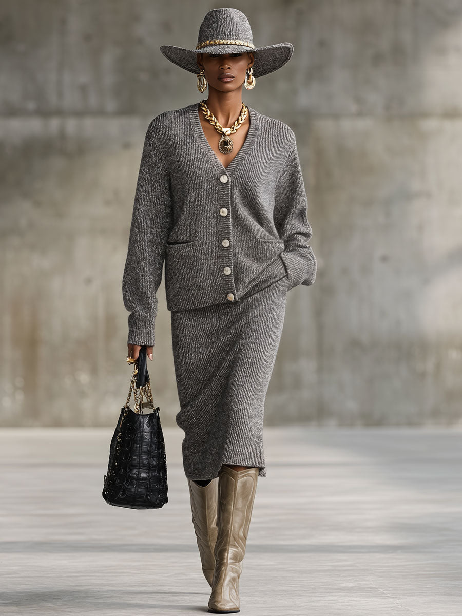 Chic V-Neck Knit Cardigan with Double Pockets and Matching Knit Skirt