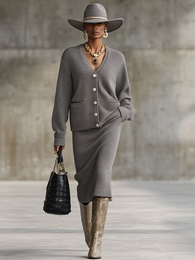 Ensemble Chic : Cardigan V Loose avec Poches Doubles et Jupe Tricotée