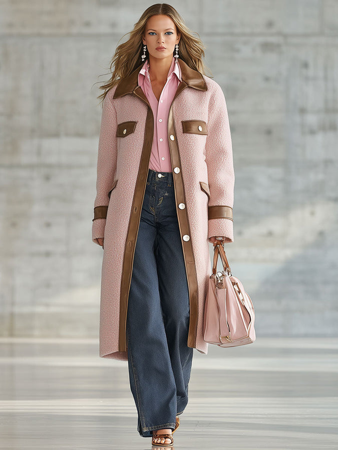 Long Fleece Coat in Pink with Brown PU Details - Retro Western Style