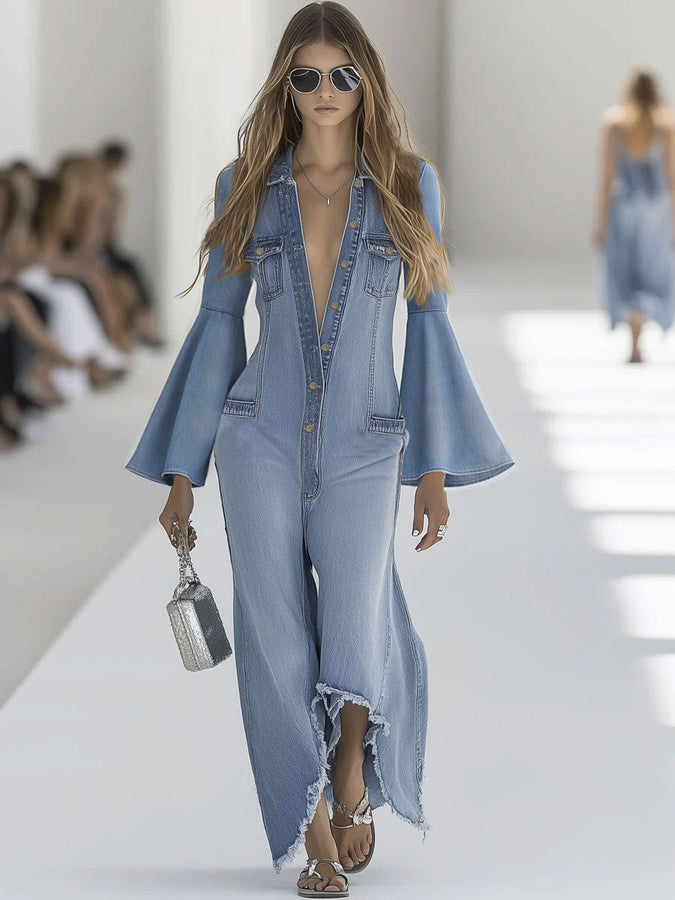 Salopette Vintage en Jean Bleu Clair à Jambes Évasées et Manches Longues avec Détails Bruts