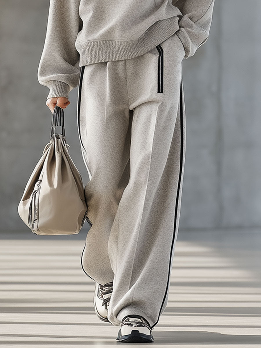 Ensemble Sportif Gris Clair avec Sweat-shirt à Demi-Fermeture Éclair et Pantalon Confort