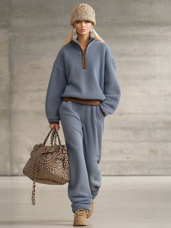 Veste Zippée en Polaire Bleue avec Détails Marron Rétro