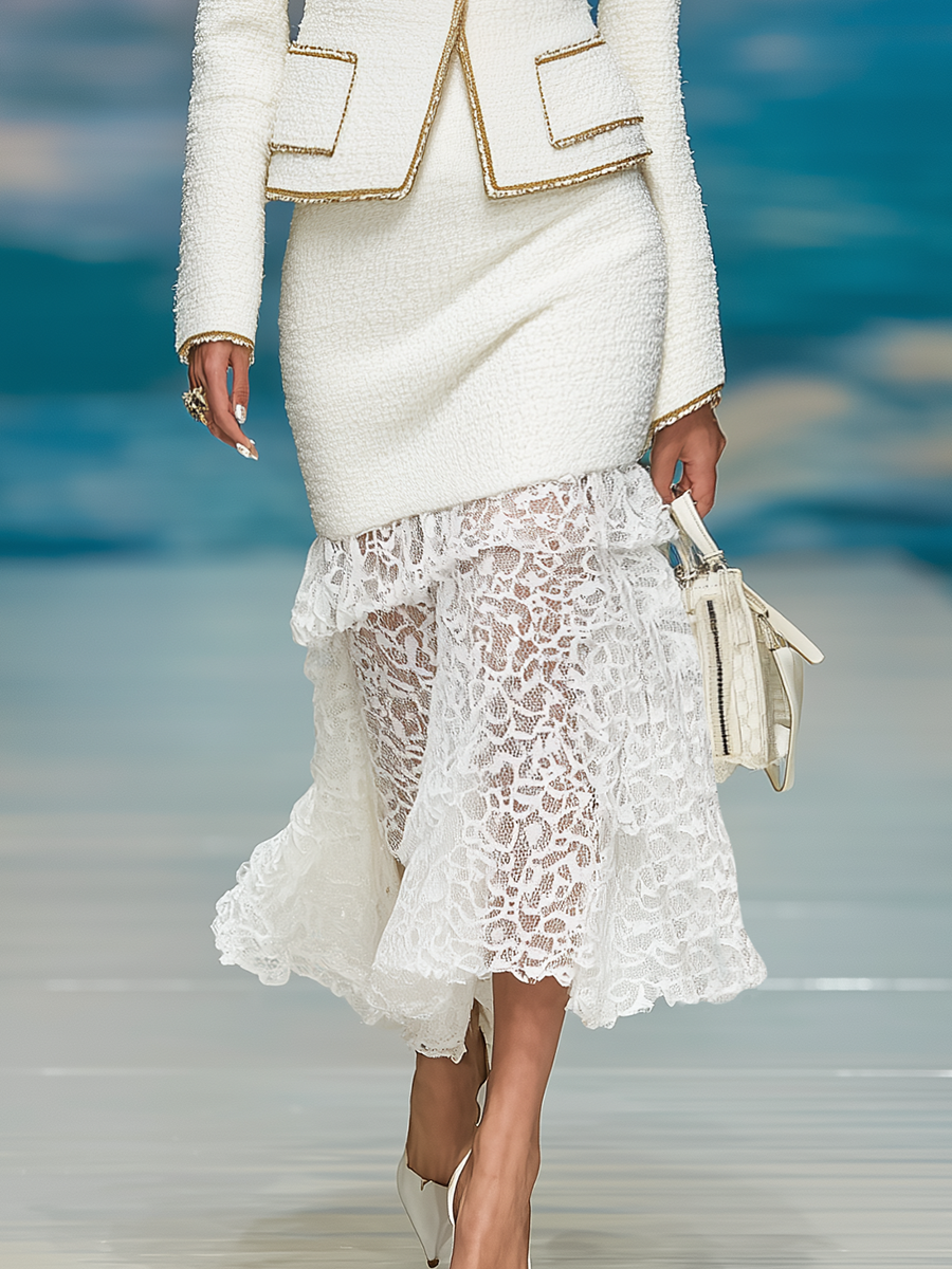 Ensemble Chic : Veste en Tweed à Col Rond Contrasté et Jupe Assortie