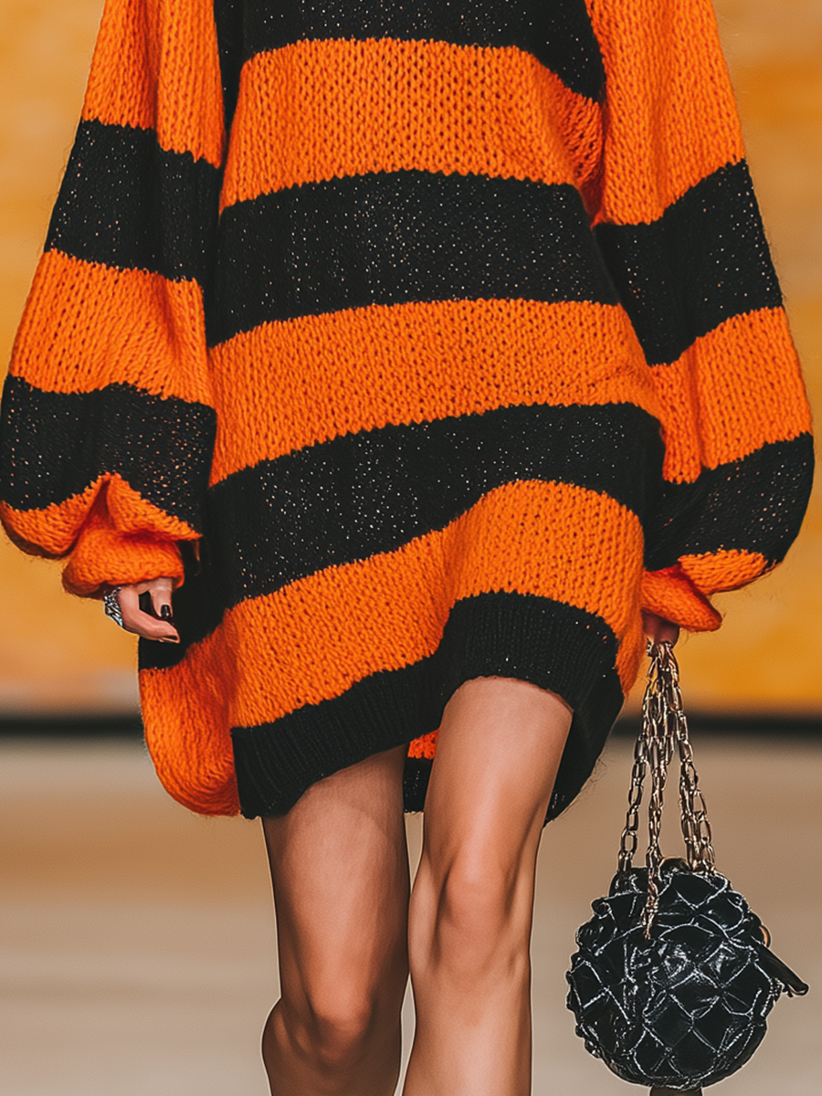 Robe Rétro Tricotée à Col Rond avec Manches Lanternes et Rayures Contrastées