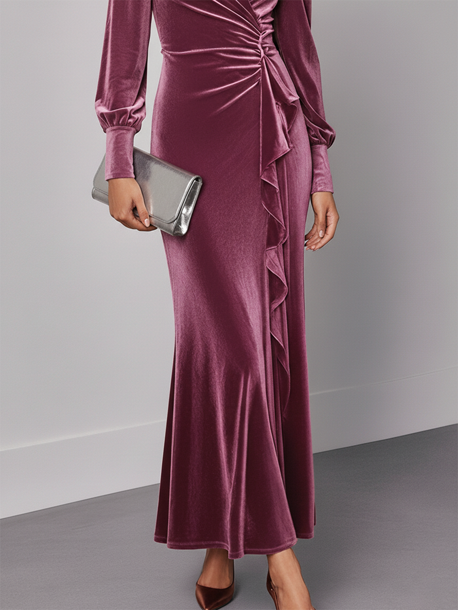 Robe Maxi Élégante en Velours avec Col en V et Manches Longues à Volants