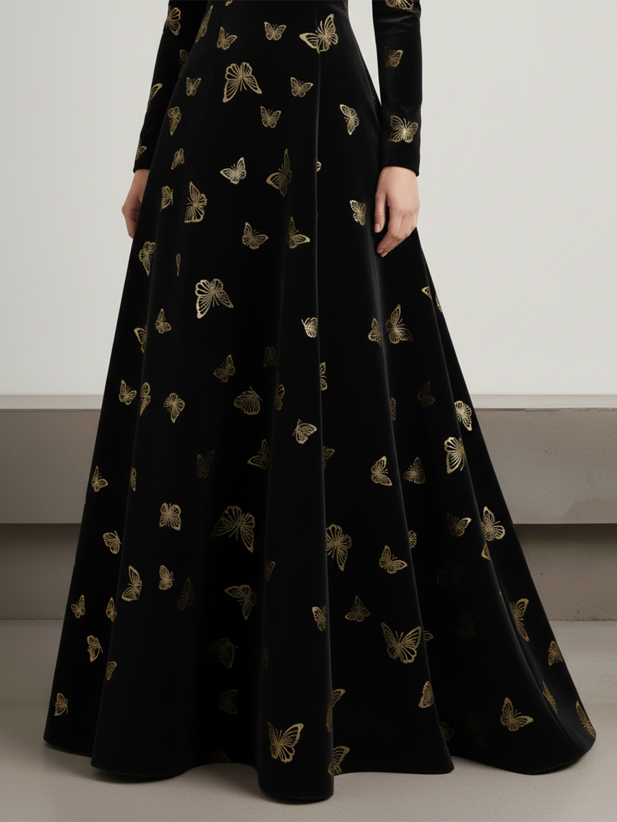 Robe Velours Élégante à Col Rond et Manches Longues, Ornée de Motifs de Papillons Dorés