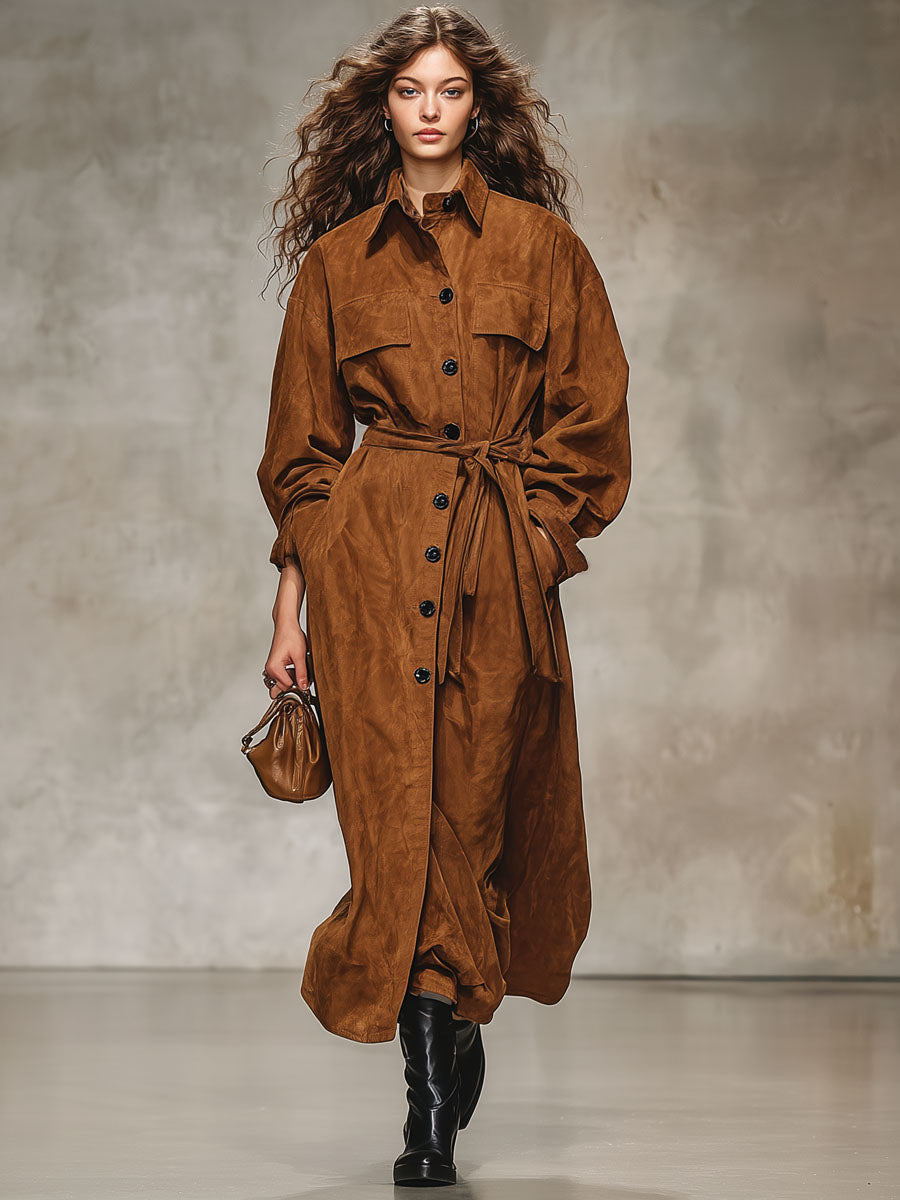 Trench en faux suède à lacets - Style ample avec poches pratiques