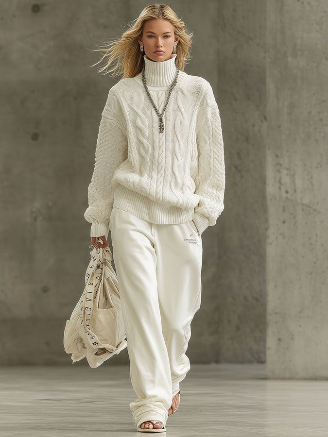 Pull Rétro en Tricot Blanc à Col Roulé