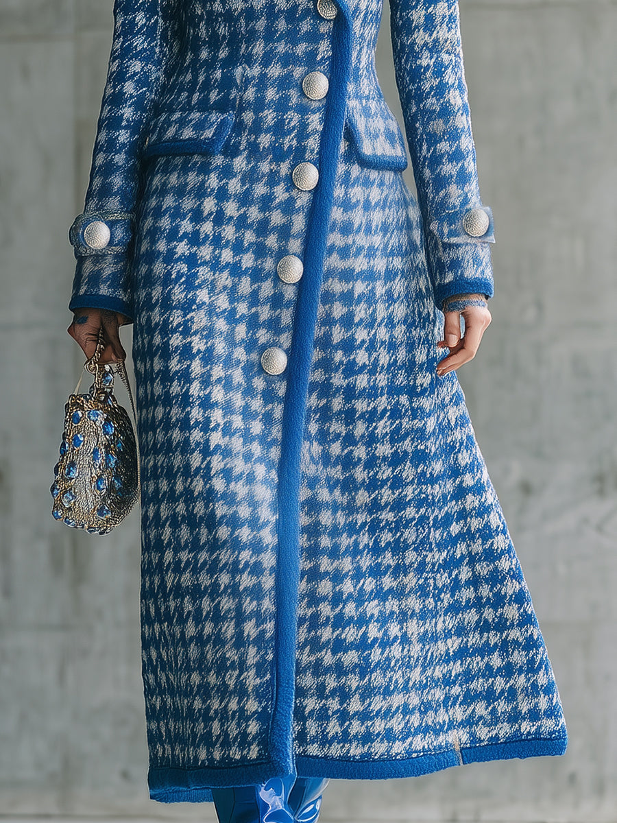 Veste Longue Houndstooth Bleu : Élégance Rétro pour l'Automne et l'Hiver